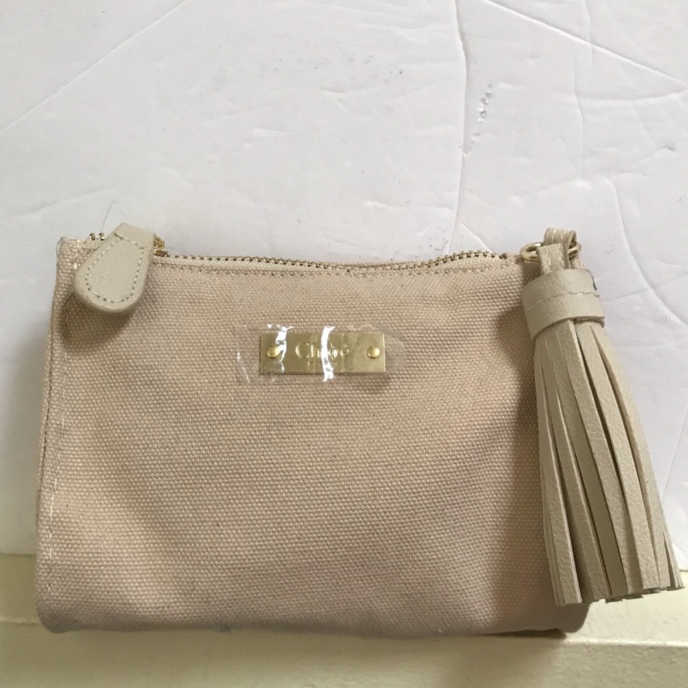 CHLOE Rarfum NEW Canvas Tassel Cosmetic Bag Clutch Wristlet Faux Leather Neutral